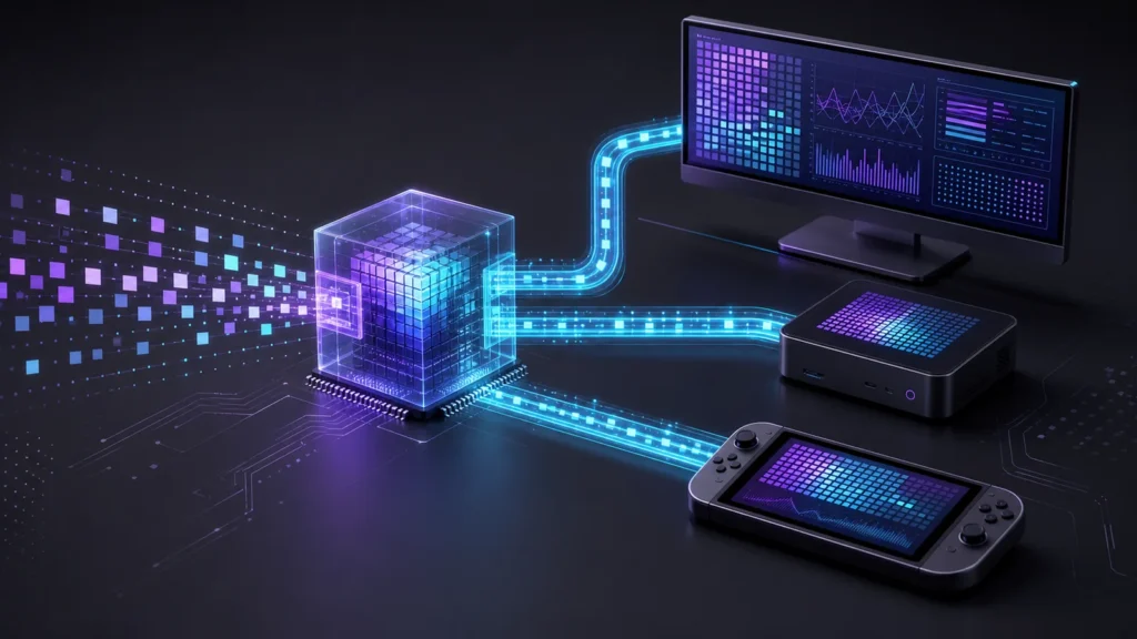 Emulator processing diagram connecting a desktop computer, display, and retro handheld.