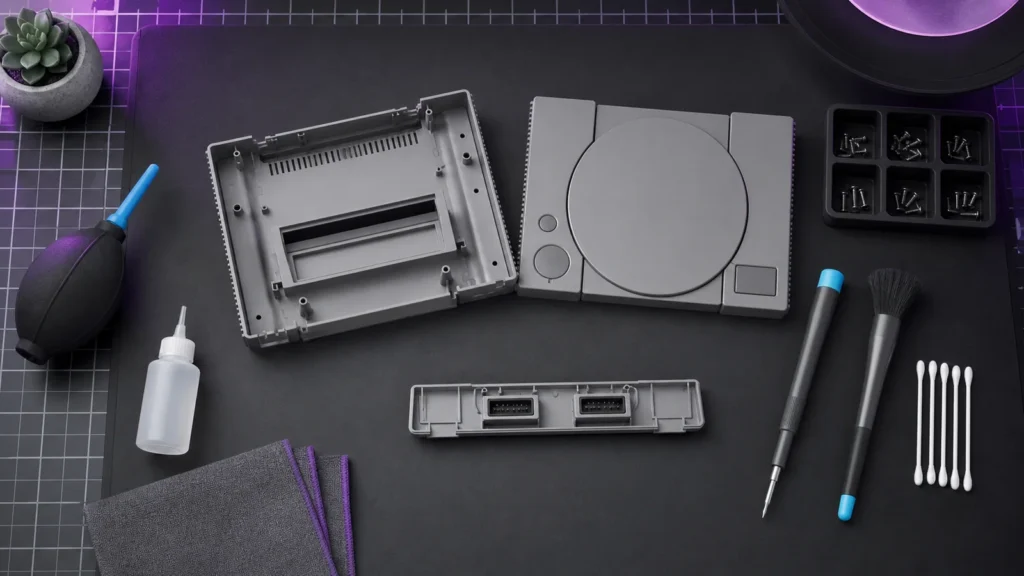 Opened retro game console with precision tools, brush, blower, and swabs on a repair mat.