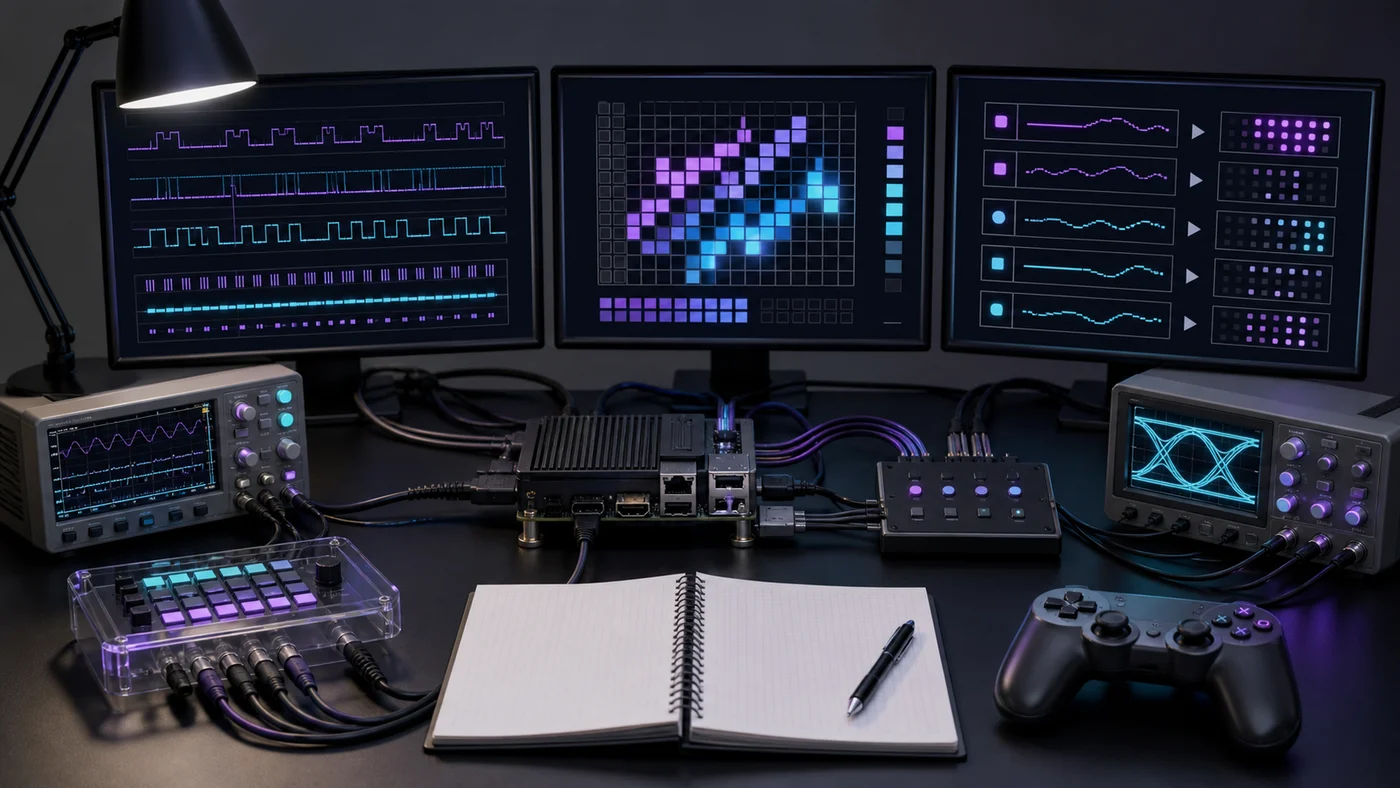 Emulator test bench displaying frame timing, pixel output, and controller response measurements.