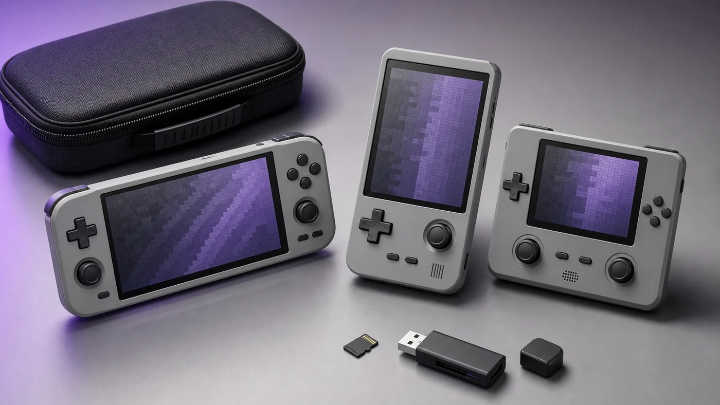 Three retro handheld designs with different screen ratios beside storage and carrying accessories.