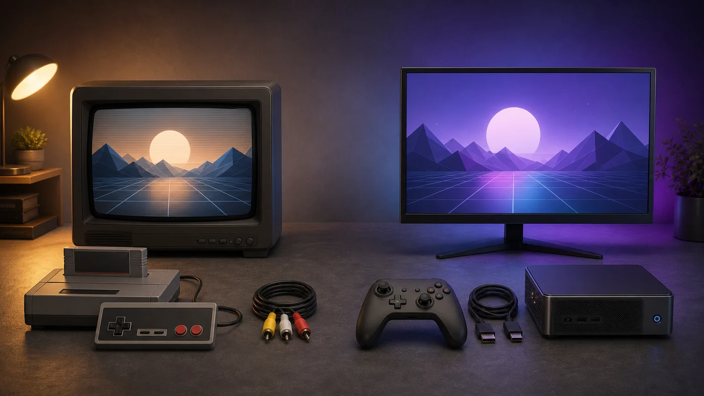 Original cartridge console and CRT compared with an emulation PC and modern display.