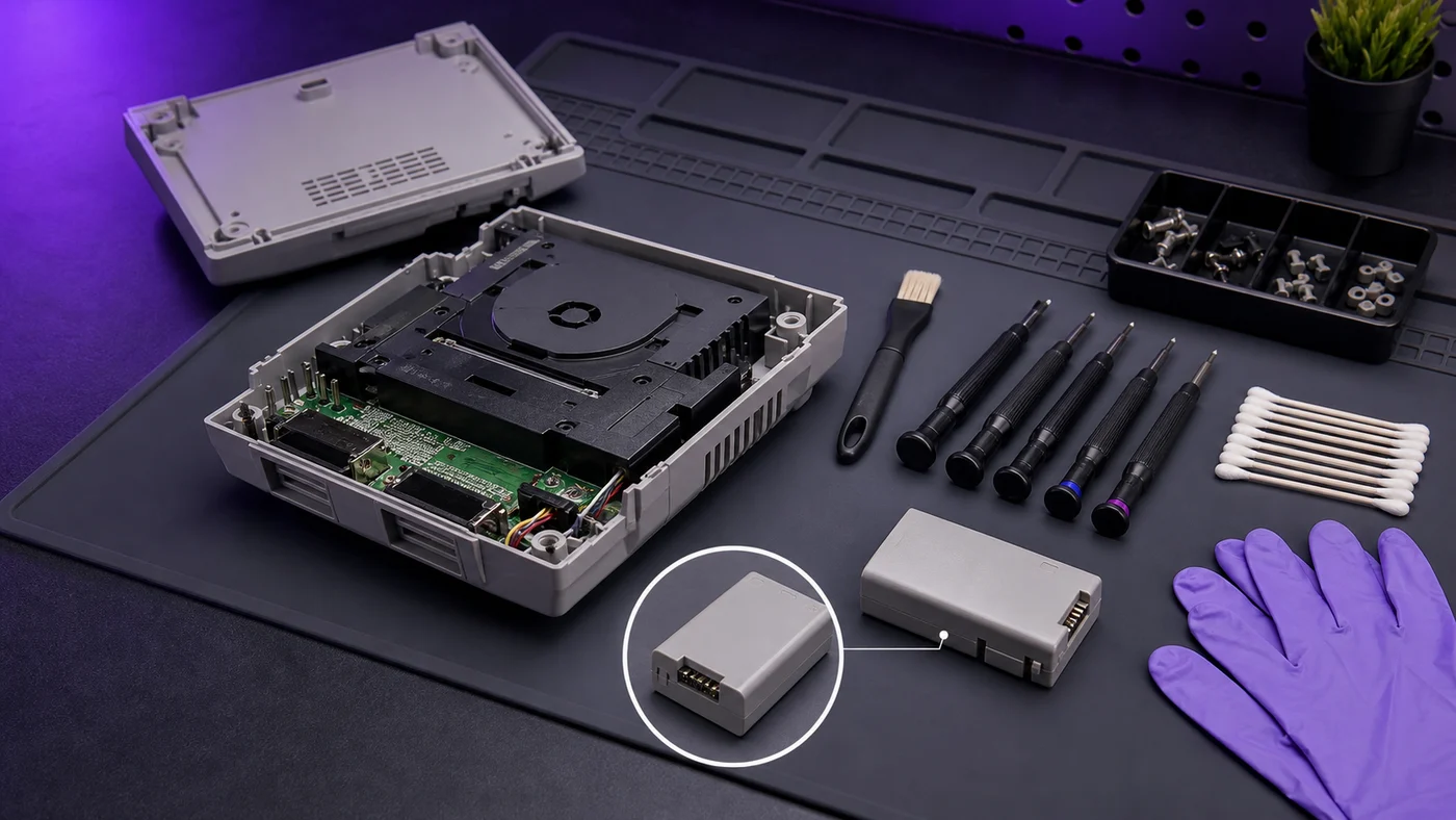 Opened retro console on an ESD mat with organized hand tools, brushes, swabs, and battery packs.