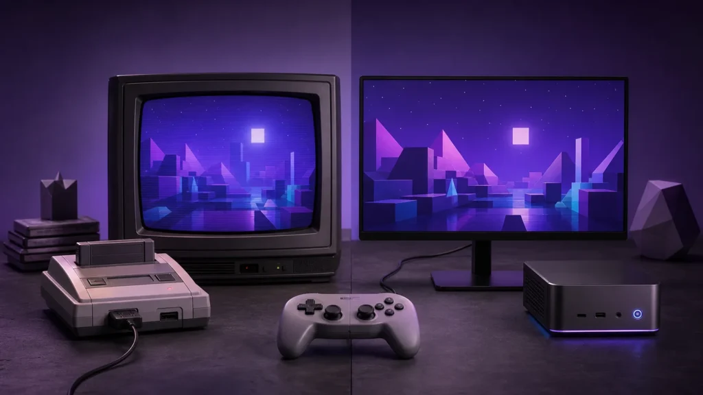 Cartridge console and CRT beside a compact emulation PC and modern flat-panel display.