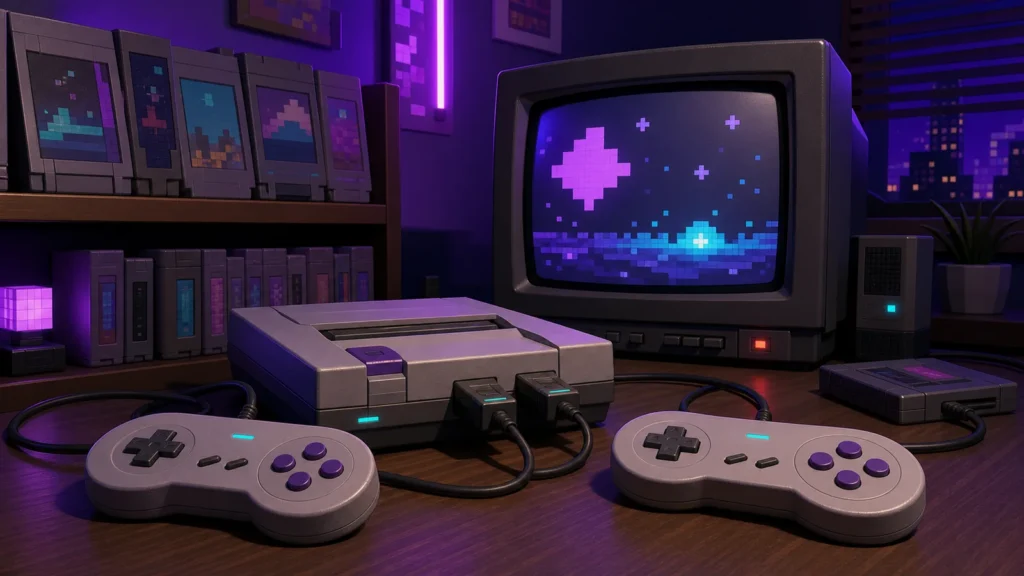 Gray cartridge-style console with two controllers in front of a CRT under purple lighting.