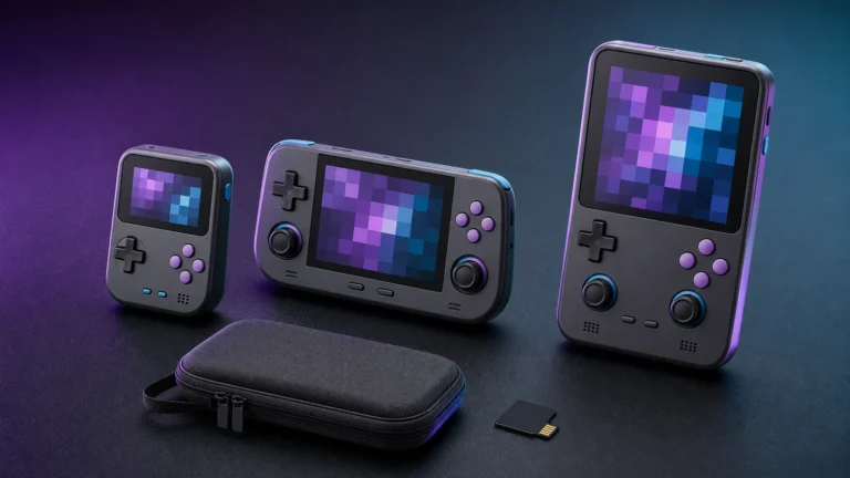 Three gray retro handhelds beside a zippered case, microSD card, and USB card reader.