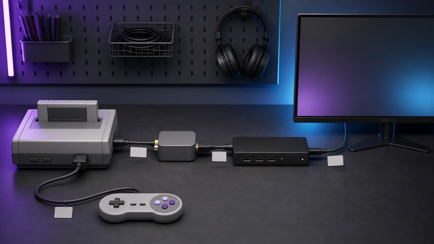 Retro console signal chain running through a video converter and HDMI switch to a modern television.