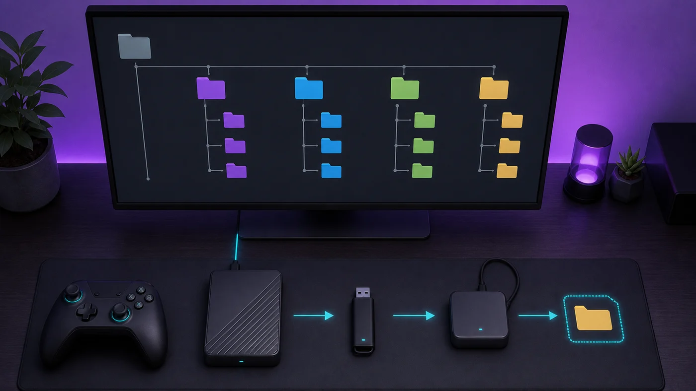 RetroArch workstation with organized game, save, system, screenshot, and backup storage.