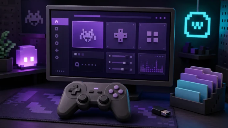 Controller, USB drive, and folder interface on a purple-lit RetroArch workstation.