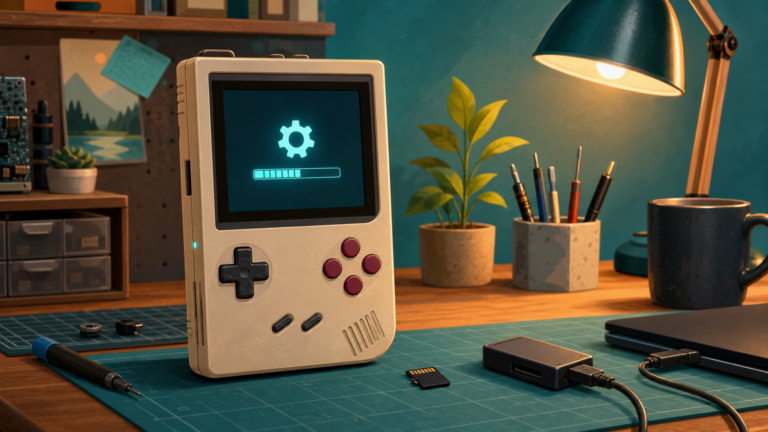 Unbranded vertical retro handheld showing a firmware progress bar beside a microSD card and card reader on a hobby desk.