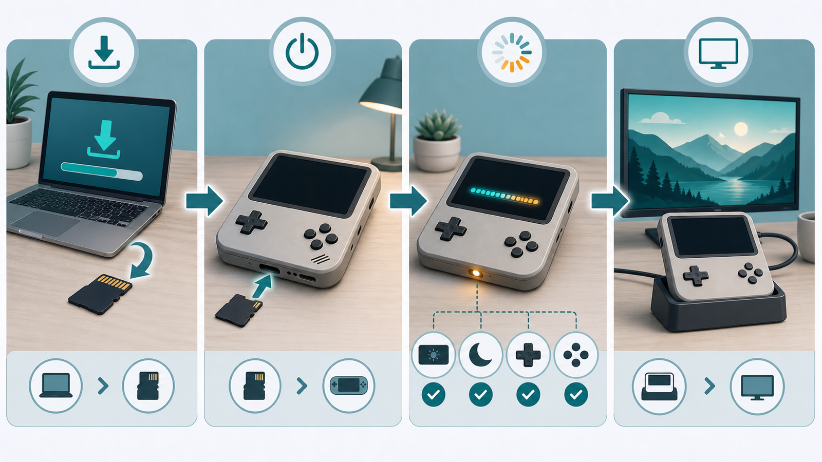 Four-stage firmware workflow showing a download, powered-off handheld, update progress, and display and control checks.