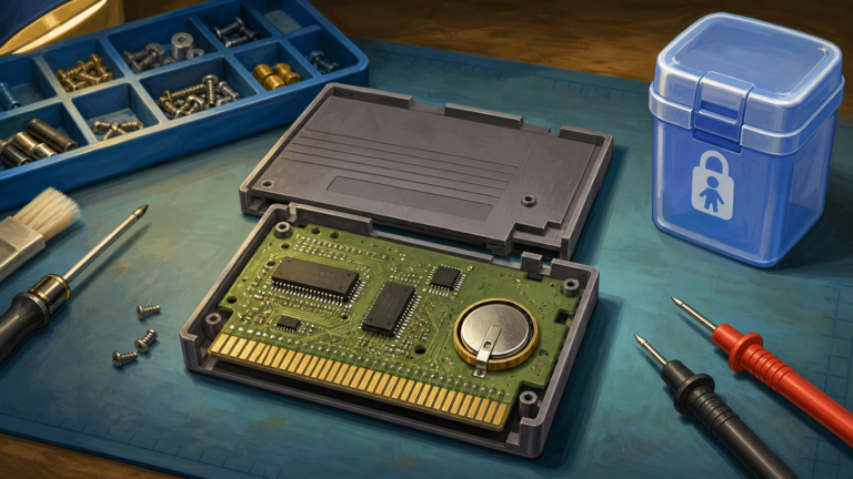 Open generic game cartridge with a circuit board and coin-cell battery beside organized repair tools and a secure container.