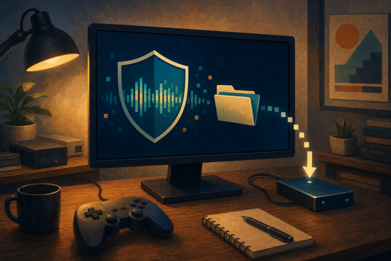 Home gaming desk with a generic monitor showing a shield over an audio waveform and a folder copied to an external drive.