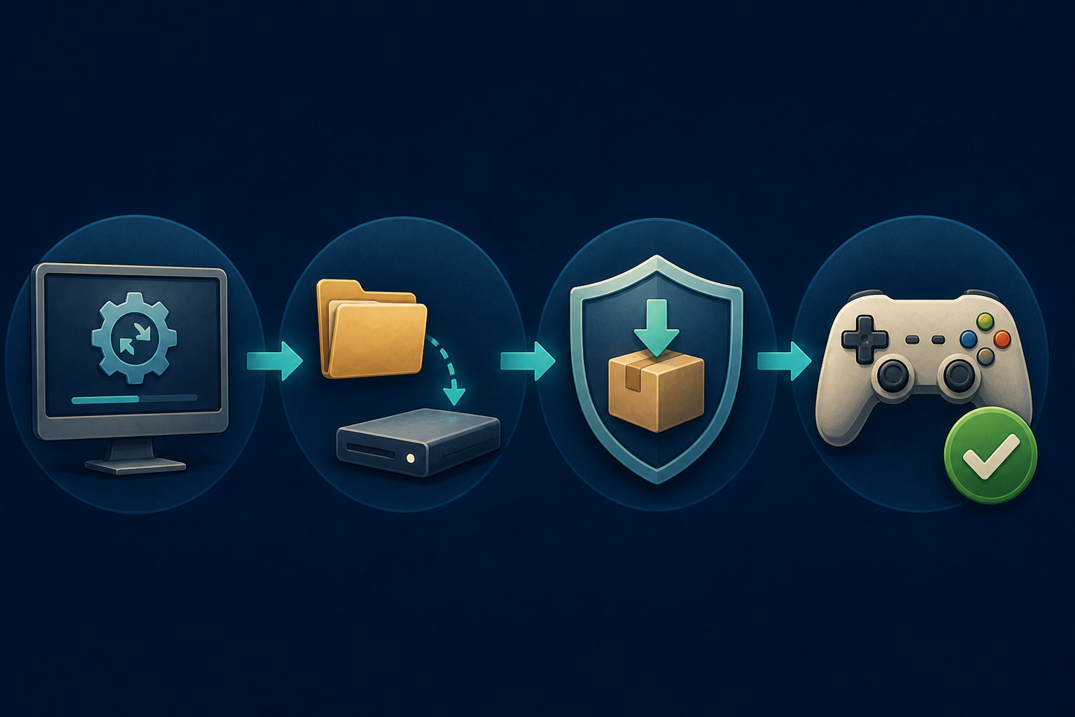 Four-stage emulator update workflow showing a version check, user-folder backup, protected download, and controller test.