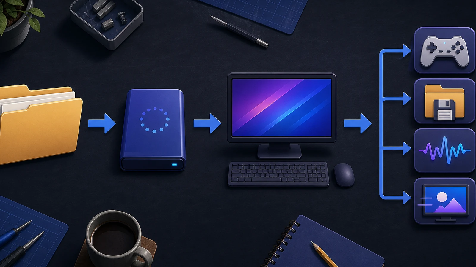 Backup folder flowing to a storage drive, desktop computer, controller, save, audio, and display test icons.