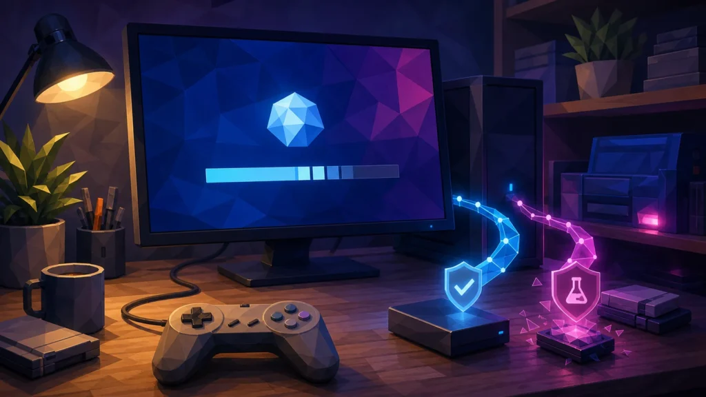 Unbranded desktop computer and generic controller beside calm and experimental software update paths.
