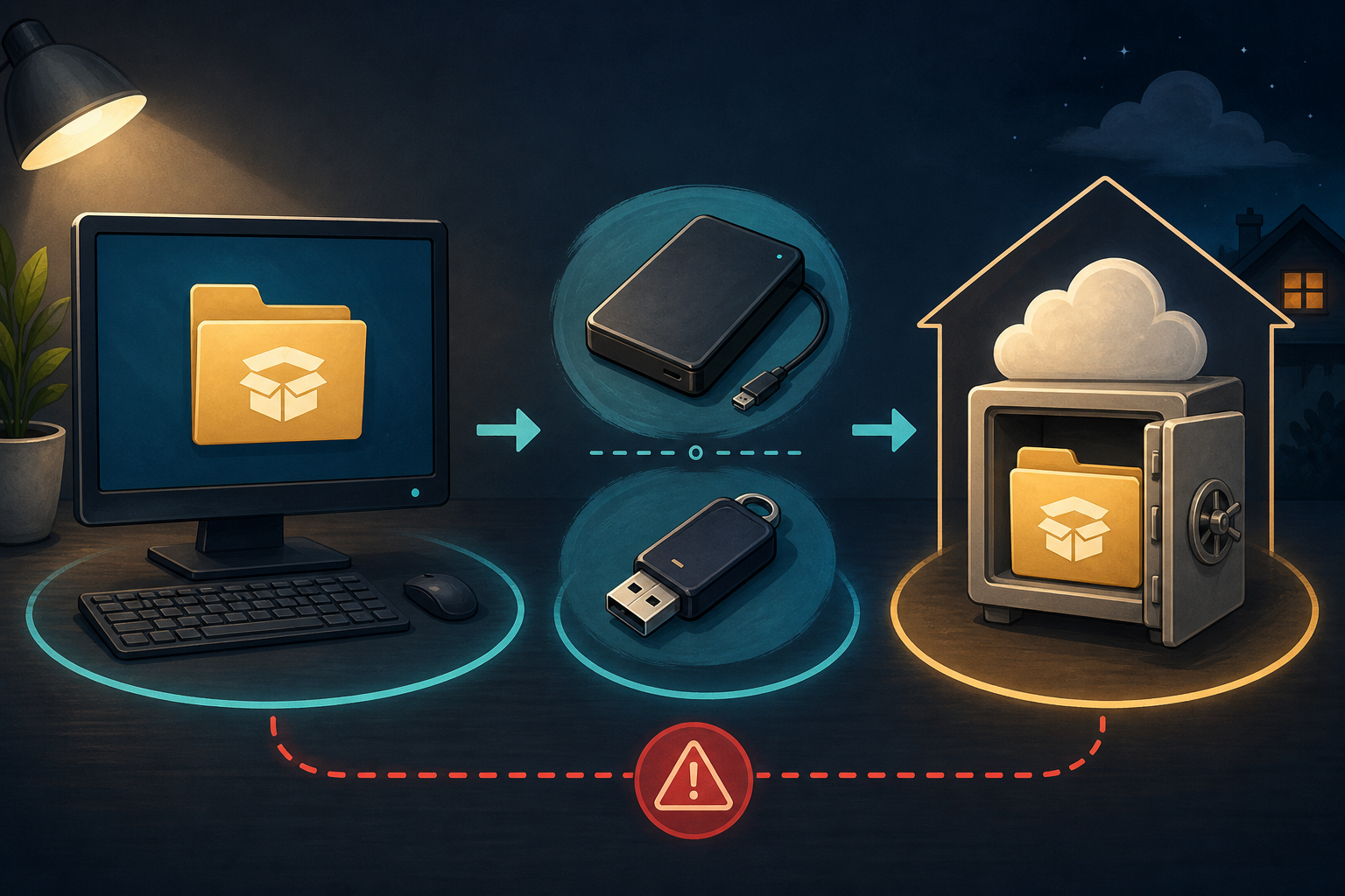 Desktop computer with an installer folder copied to two different storage devices and a separate offsite backup vault.