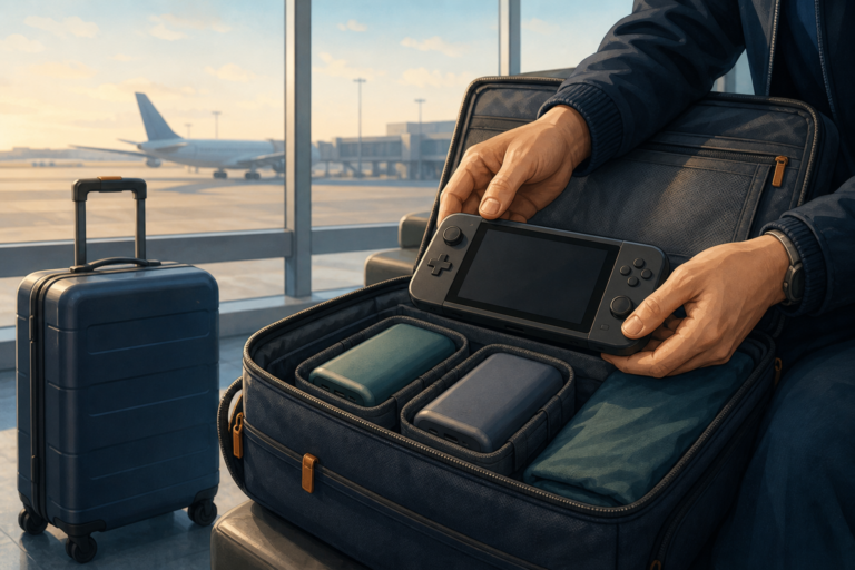 Traveler placing a plain gaming handheld and two battery packs into a carry-on bag beside an airport window and a separate suitcase.