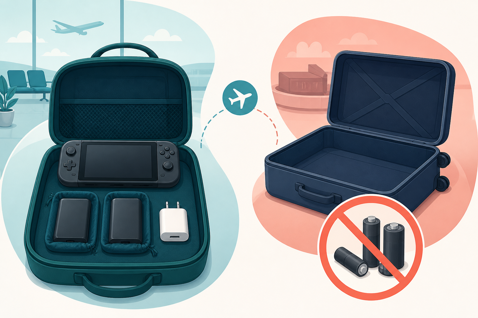 Carry-on case holding a plain gaming handheld, two protected battery packs, and a wall charger beside an empty checked suitcase with a battery warning symbol.