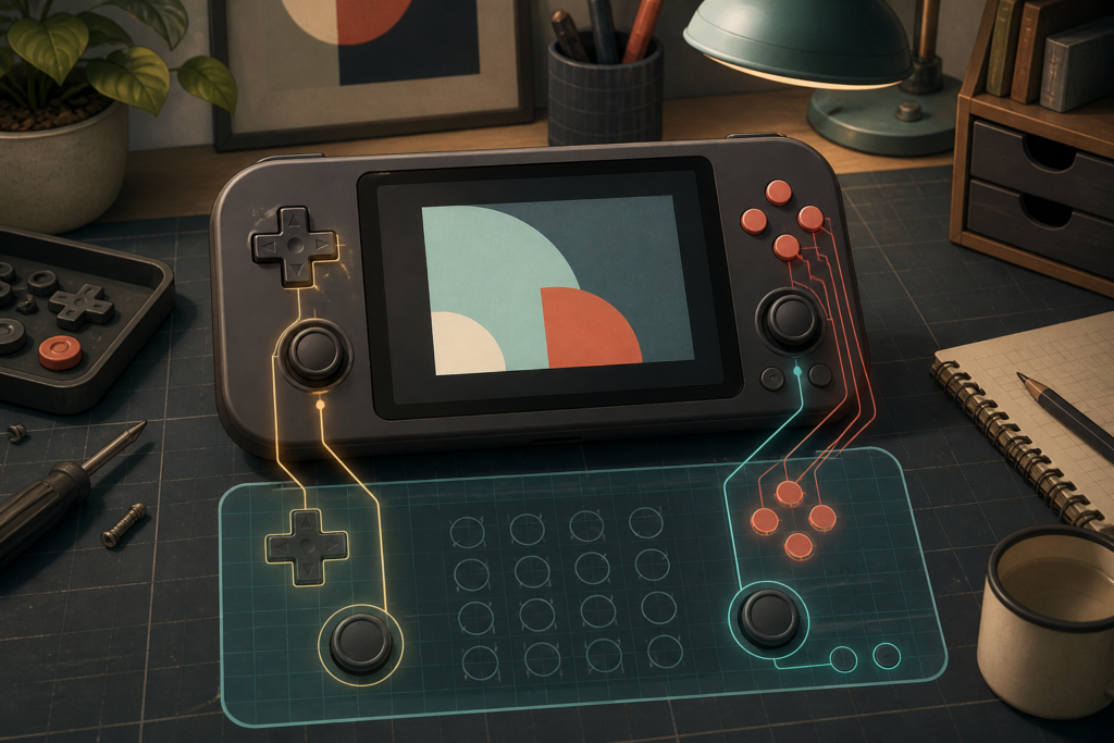 Unbranded gaming handheld with physical controls connected to matching targets on a translucent touchscreen control grid.