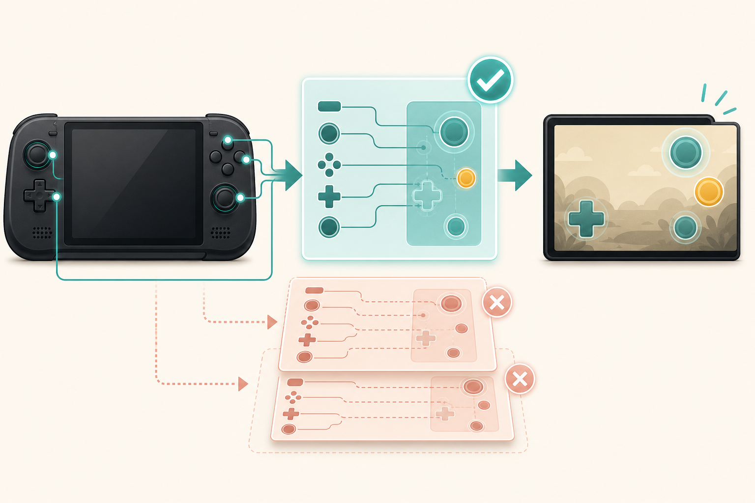 Generic handheld controls passing through one active mapping profile while two overlapping inactive profiles are marked as conflicts.