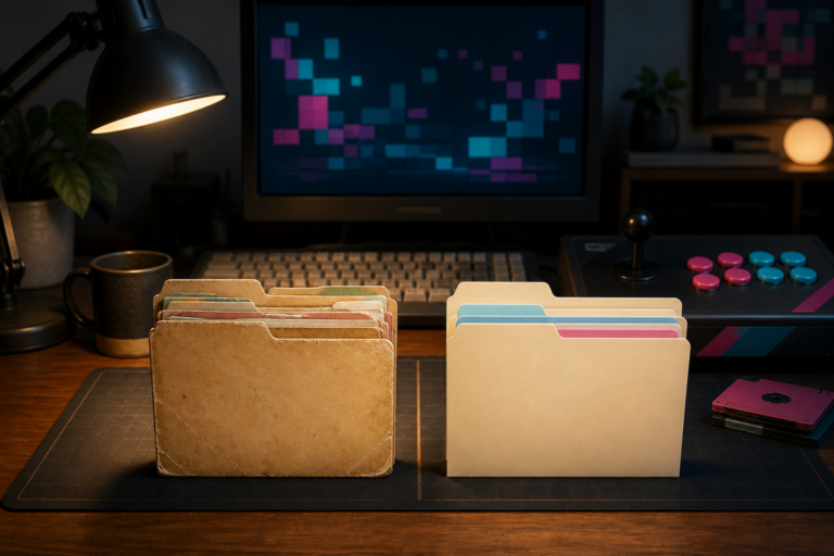 Old worn software folder beside a clean new folder on a desk with a generic arcade controller and an abstract pixel display.