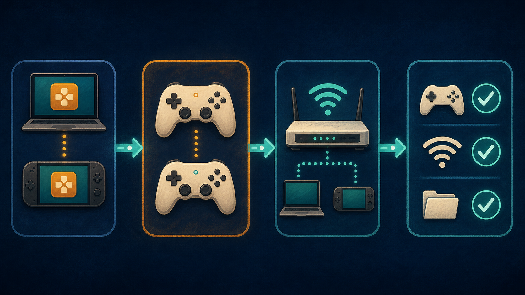 Four-stage multiplayer workflow showing matched software, paired controllers, one network path, and final connection checks.
