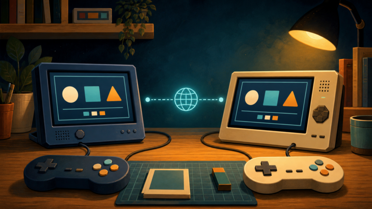 Two generic gaming screens showing matching software symbols beside paired controllers and a network connection.