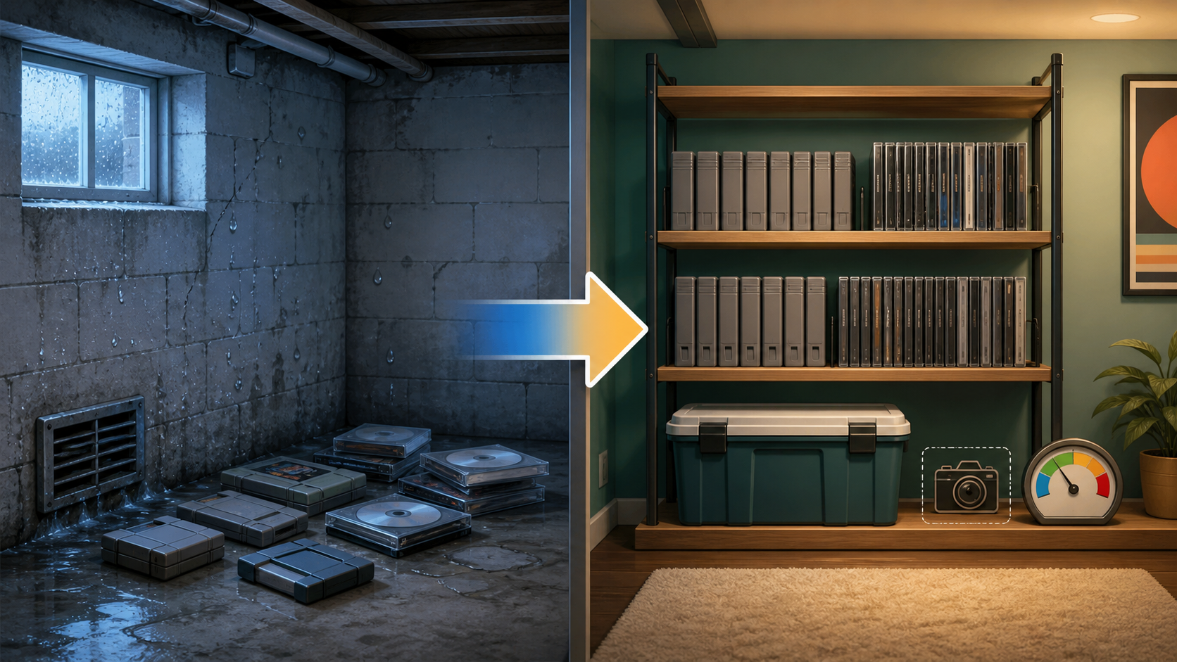 Damp floor-level game storage contrasted with upright media on elevated shelving beside a closed bin and humidity gauge.