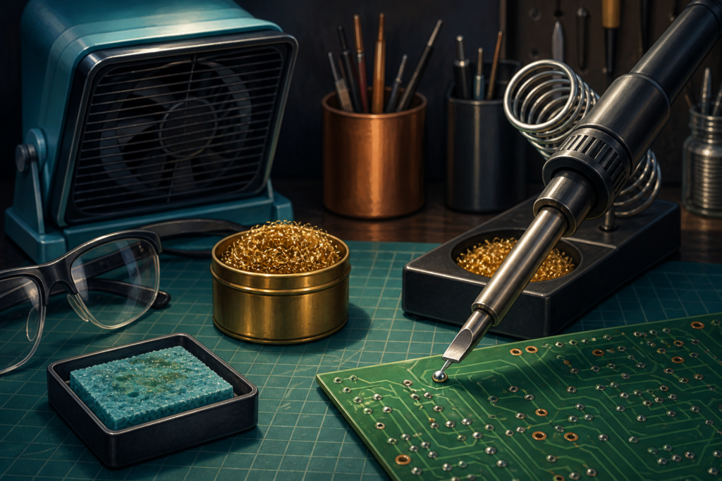 Repair bench with a generic soldering iron, clean chisel tip, circuit board, tip cleaners, safety glasses, and local exhaust fan.