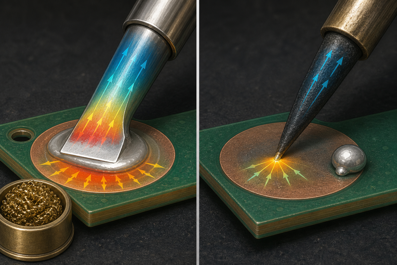 Clean tinned chisel tip spreading solder across a circuit-board pad beside an oxidized narrow tip repelling a solder bead.