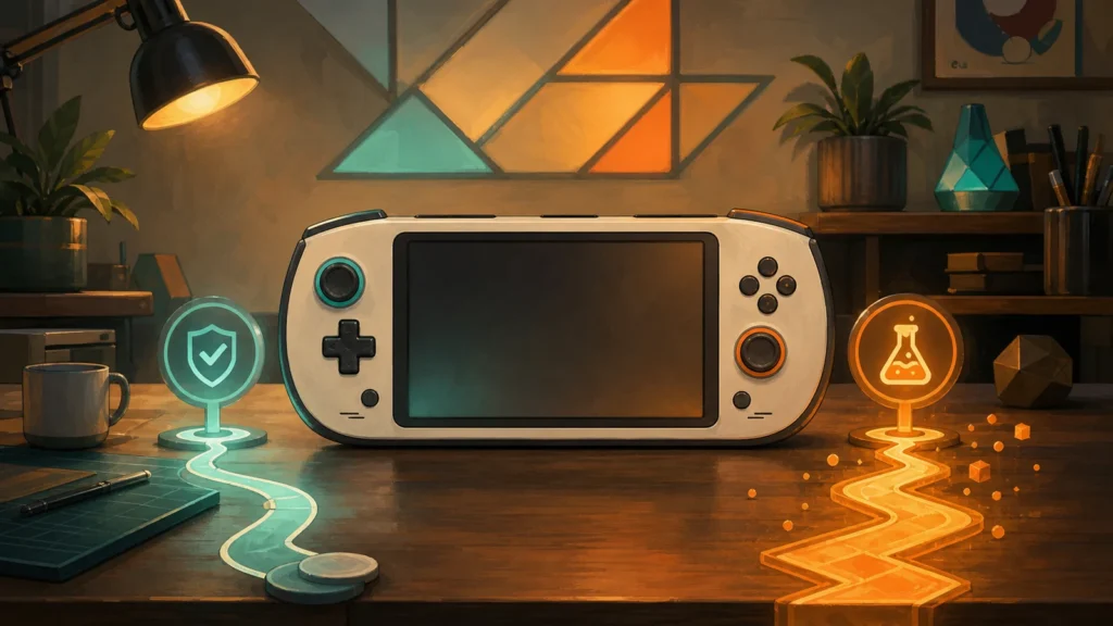 Generic handheld gaming computer on a desk between a calm teal update path and an experimental amber path.