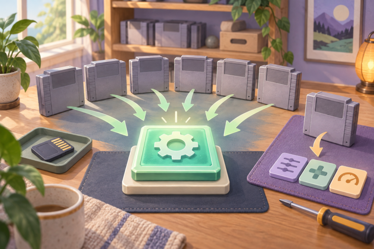 Plain gray cartridges arranged around a green settings tile, with one cartridge separated beside individual controls and an SD card on the table.