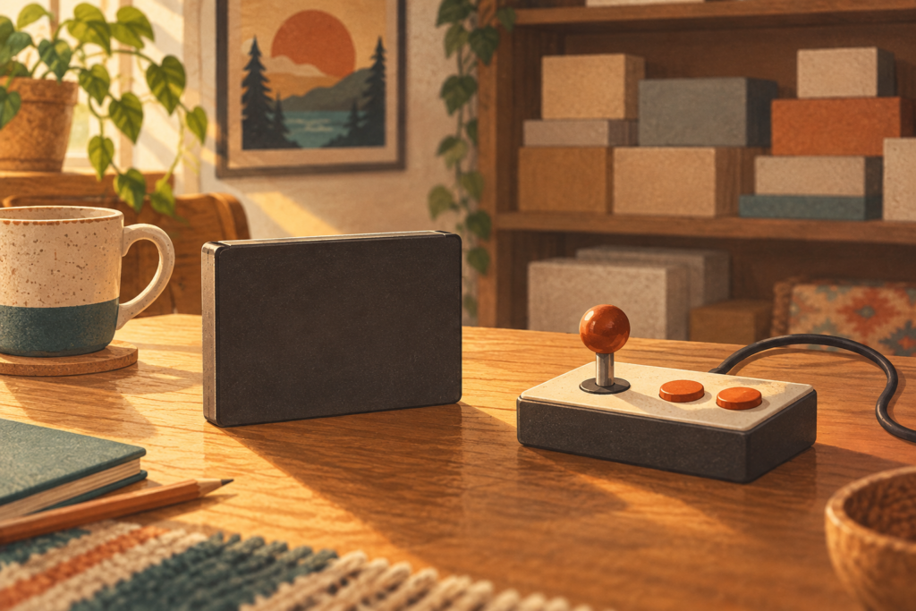 Plain dark cartridge beside an original two-button joystick on a sunlit hobby table with unlabeled boxes in the background.