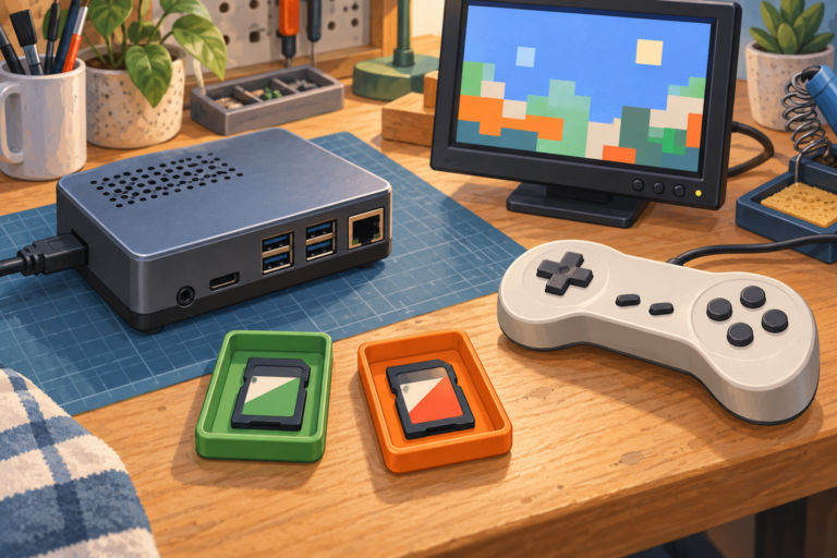 Small unbranded hobby computer, monitor, wired controller, and two color-coded storage cards arranged on a workbench.