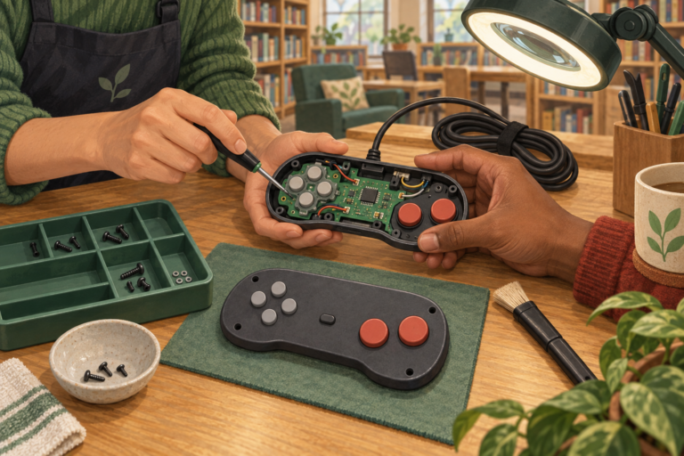 Two people use a precision driver to inspect an open generic wired controller at an organized library repair table.