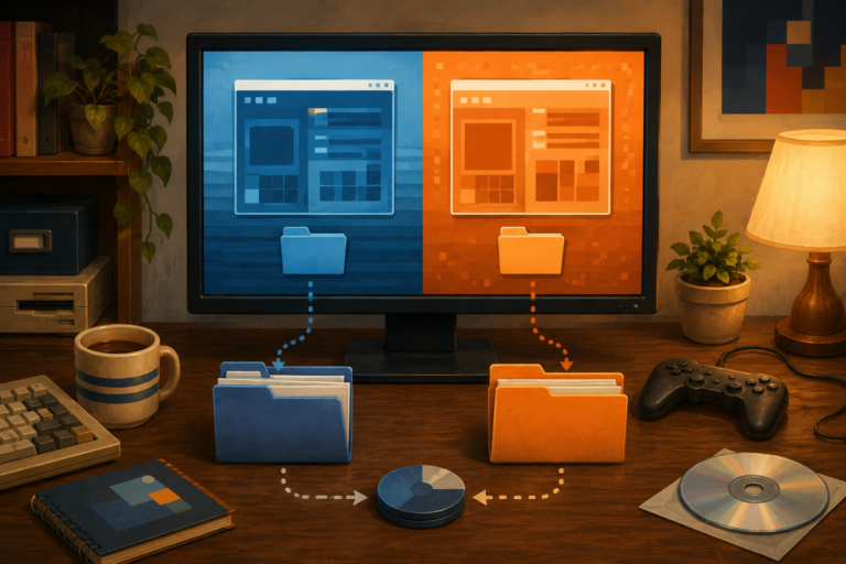 Home computer desk with separate blue stable and orange test windows, matching folders, controller, and plain optical disc.
