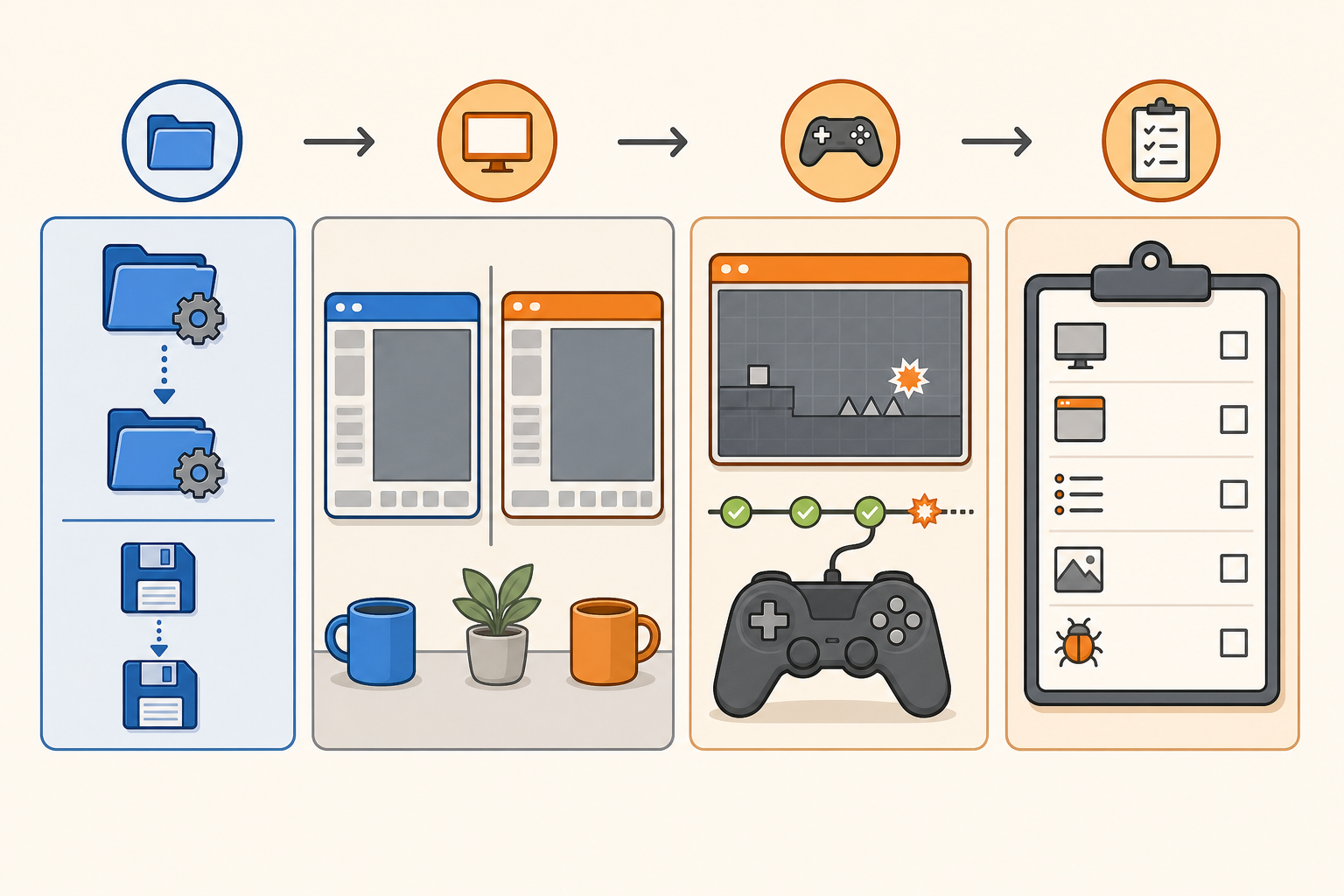 Four-stage software testing workflow showing backed-up folders, separate stable and test builds, a repeated controller test, and a bug checklist.