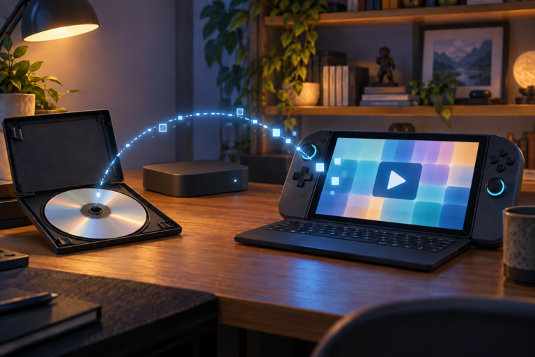 Open plain game-disc case beside a low media box and portable gaming computer connected by a blue dotted path on a desk.