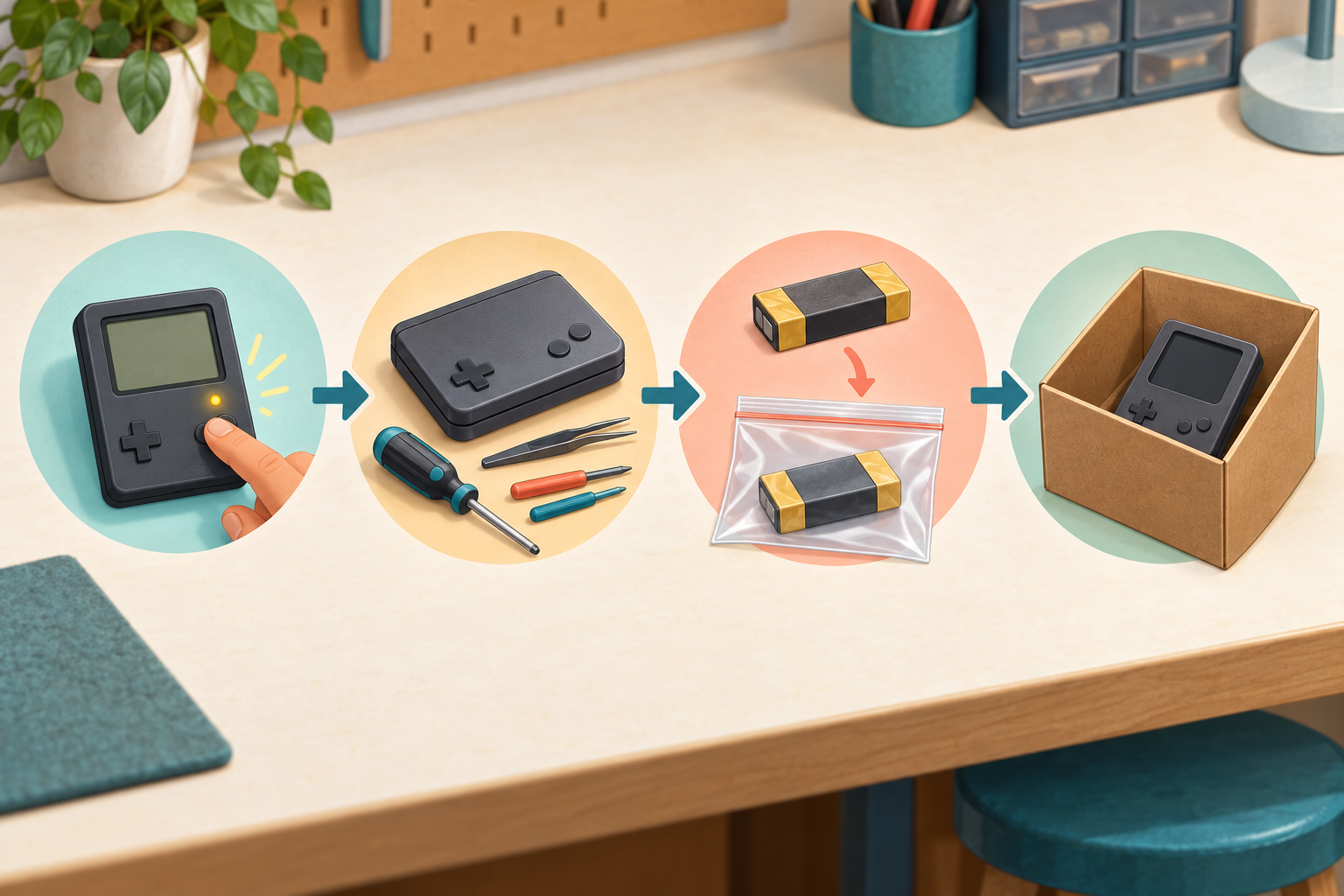 Four-panel illustration showing an electronics function check, a closed device beside tools, taped battery terminals and an individual bag, and a device in a collection box.