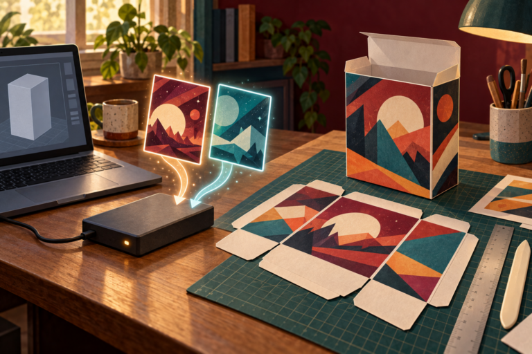 A craft table with an abstract box model, two protected master file tiles, printed geometric panels, a ruler, and an unbranded folded display box.