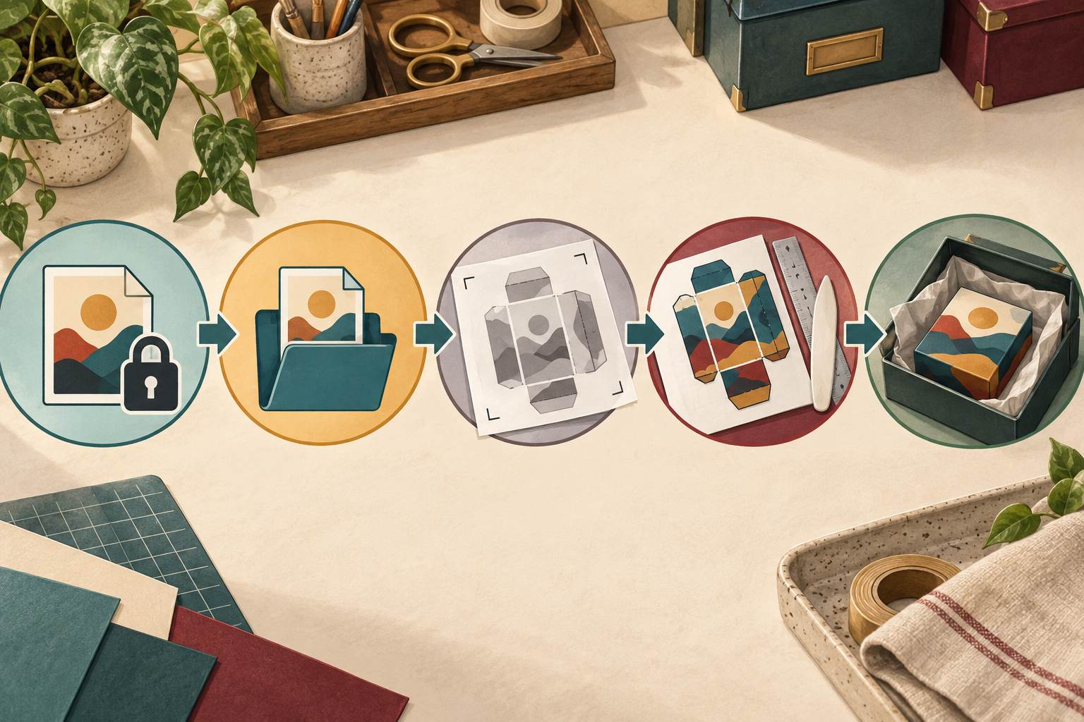 Five-stage illustration showing an untouched master file, a working copy, a plain-paper test, folded box panels, and a stored display box.