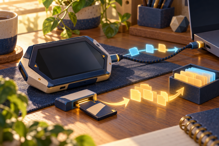 An abstract hexagonal portable screen device beside a data cable, memory card reader, and separate small-transfer and backup file paths.