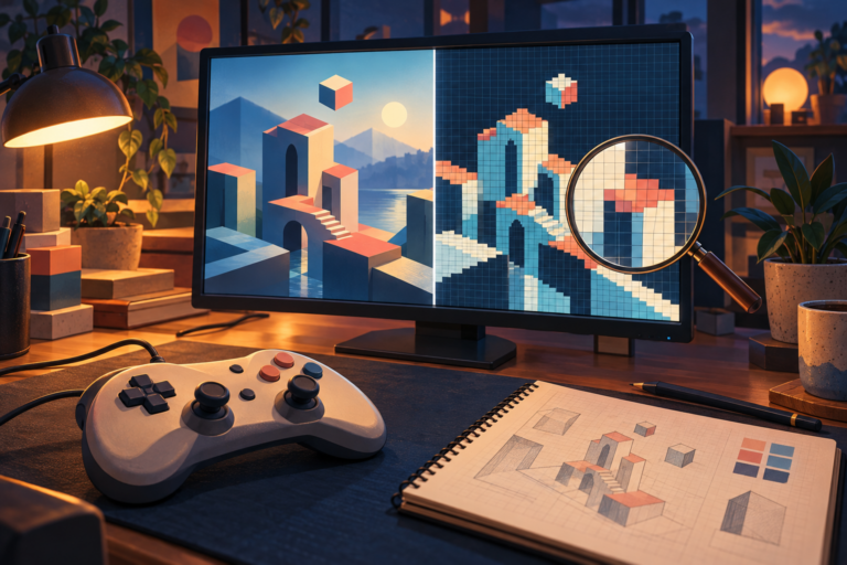 A generic controller beside a monitor showing the same geometric scene as a smooth image and a magnified pixel grid.